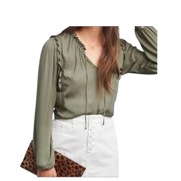 Dolan Anthropologie Peasant Blouse Olive Green Size M Earth Tone Fall Bohemian - Picture 8 of 13